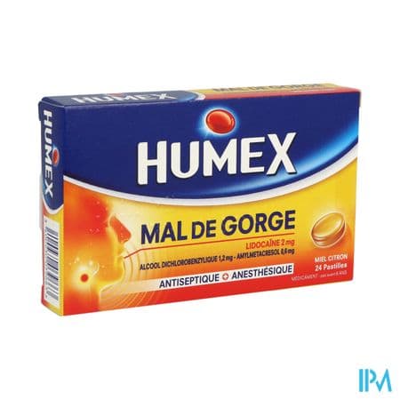 Humex Mal Gorge Lidocaine Miel Citron Pastille 24