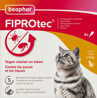 Beaphar Fiprotec 50mg Solution Spot On Pour Chats >1kg Au Fipronil Puces Et Tiques Pipette 0ml5 X4