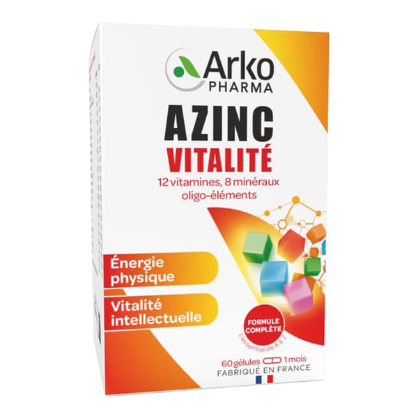 AZINC VITALITE ADULTE Gelule. complement alimentaire. 12 vitamines. 8 mineraux et oligoelements. — Pharmacie Jeanne